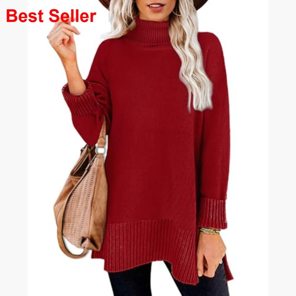 Turtleneck Pullover Sweater With Side Split Hem A… - image 2